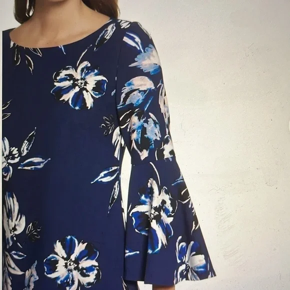 Eliza J Dress Sz 6 Floral Navy Blue Shift with Bell Sleeves - Picture 13 of 14